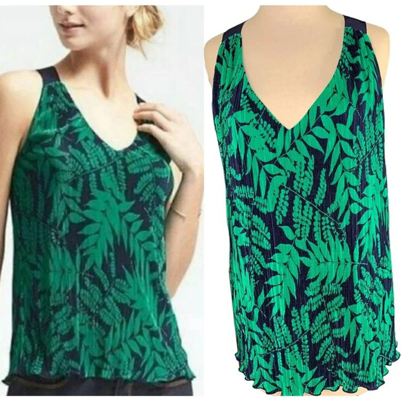 Banana Republic Pleated Racer Back Tank Tops Women Size XL Tropical Green Blue - Picture 1 of 15